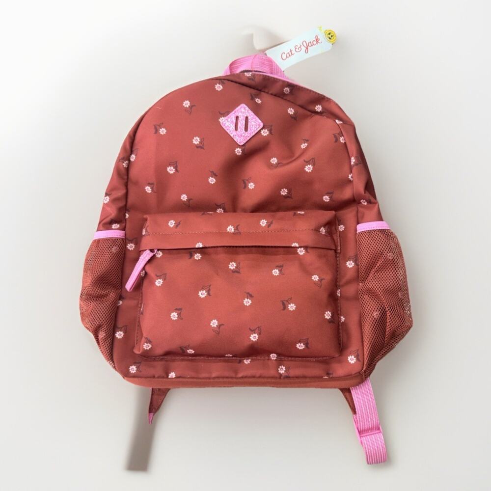 Cat And Jack Burnt Orange Pink Daisy Backpack, Adjustable Straps Outside Pocket